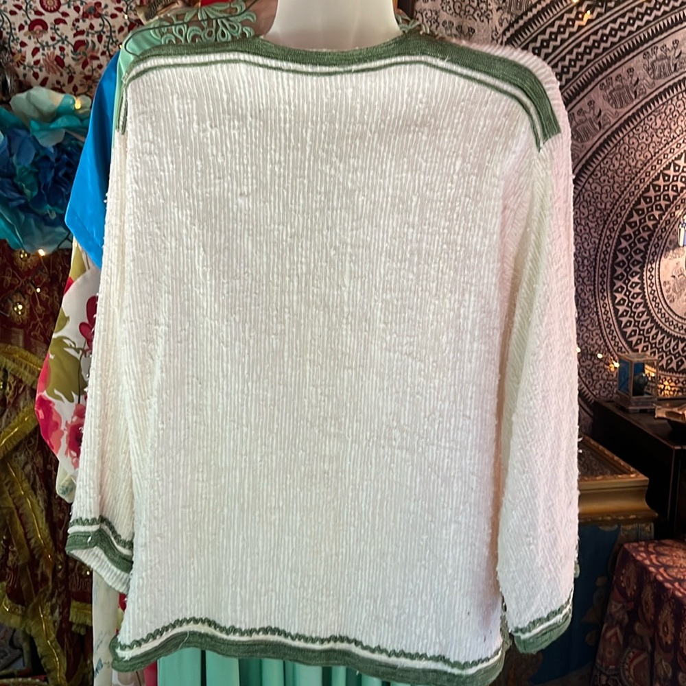 Morocco Boho Top Off White Green Vintage - Picture 4 of 9